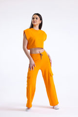 Turuncu Basic Kolsuz Crop Sweatshirt
