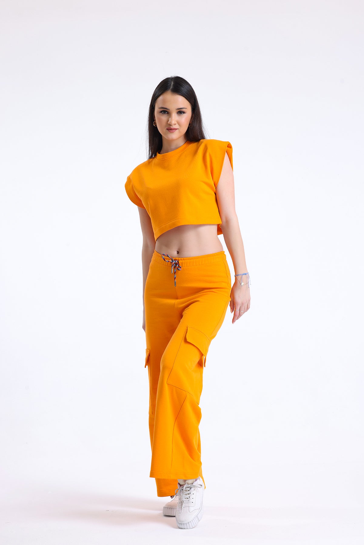 Turuncu Yüksek Bel Yandan Cepli Geniş Paça Pamuklu Eşofman Altı