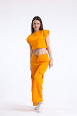 Turuncu Yüksek Bel Yandan Cepli Geniş Paça Pamuklu Eşofman Altı