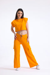Turuncu Yüksek Bel Yandan Cepli Geniş Paça Pamuklu Eşofman Altı