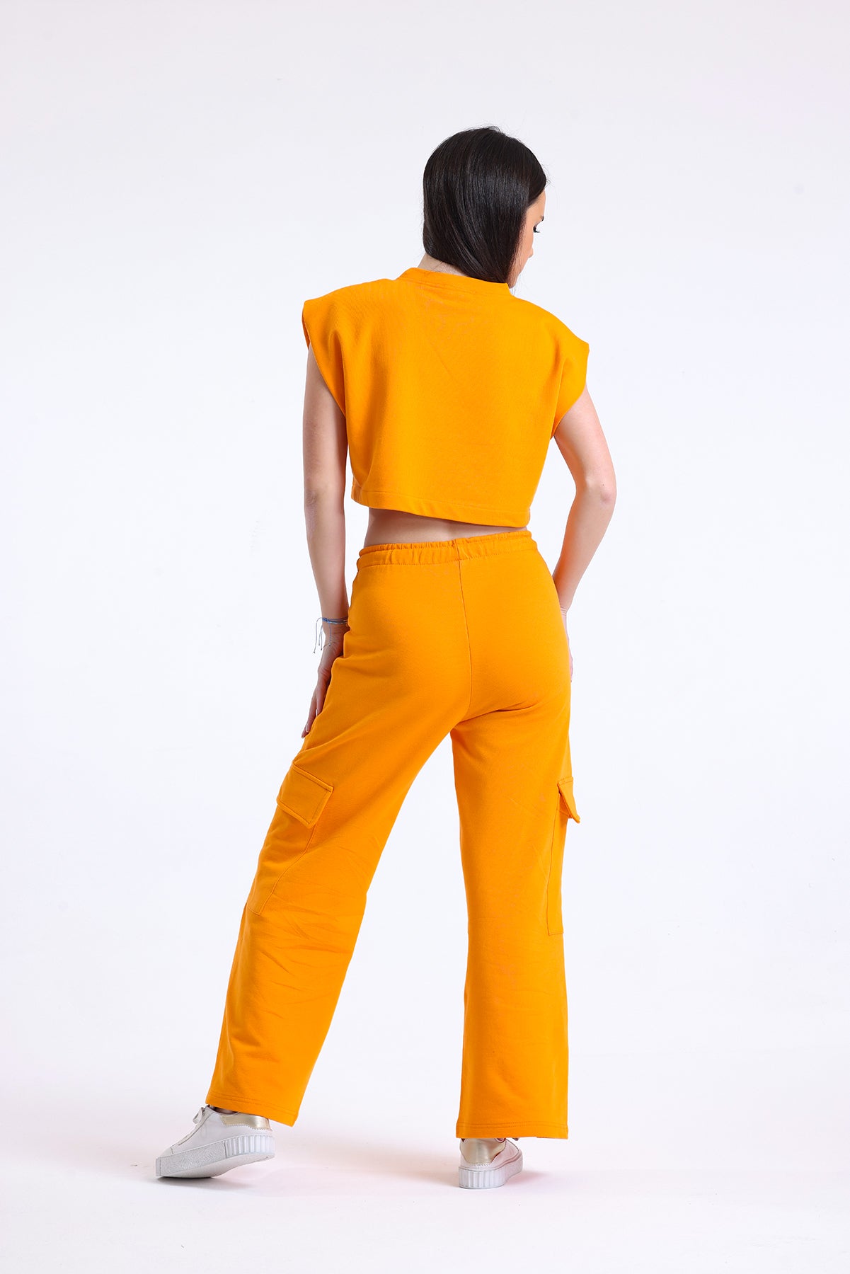 Turuncu Yüksek Bel Yandan Cepli Geniş Paça Pamuklu Eşofman Altı