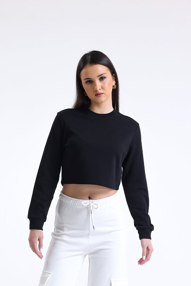 Siyah Bisiklet Yaka Crop Sweatshirt