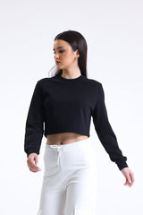 Siyah Bisiklet Yaka Crop Sweatshirt