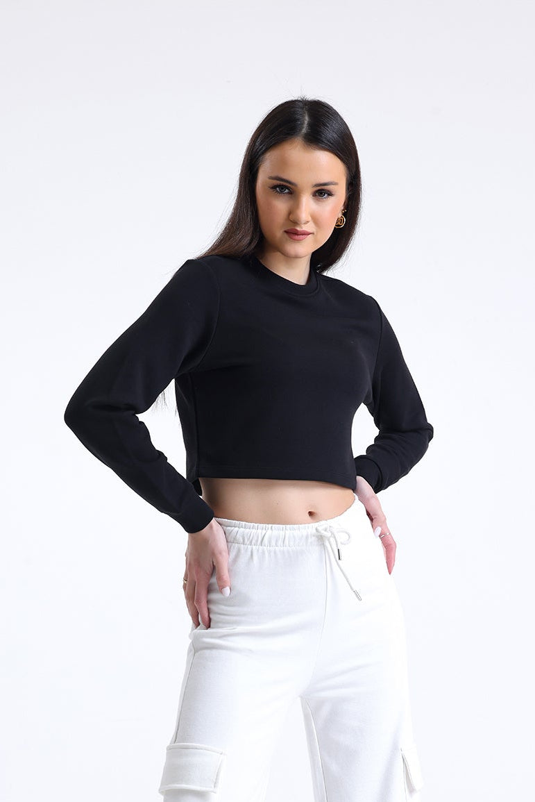 Siyah Bisiklet Yaka Crop Sweatshirt