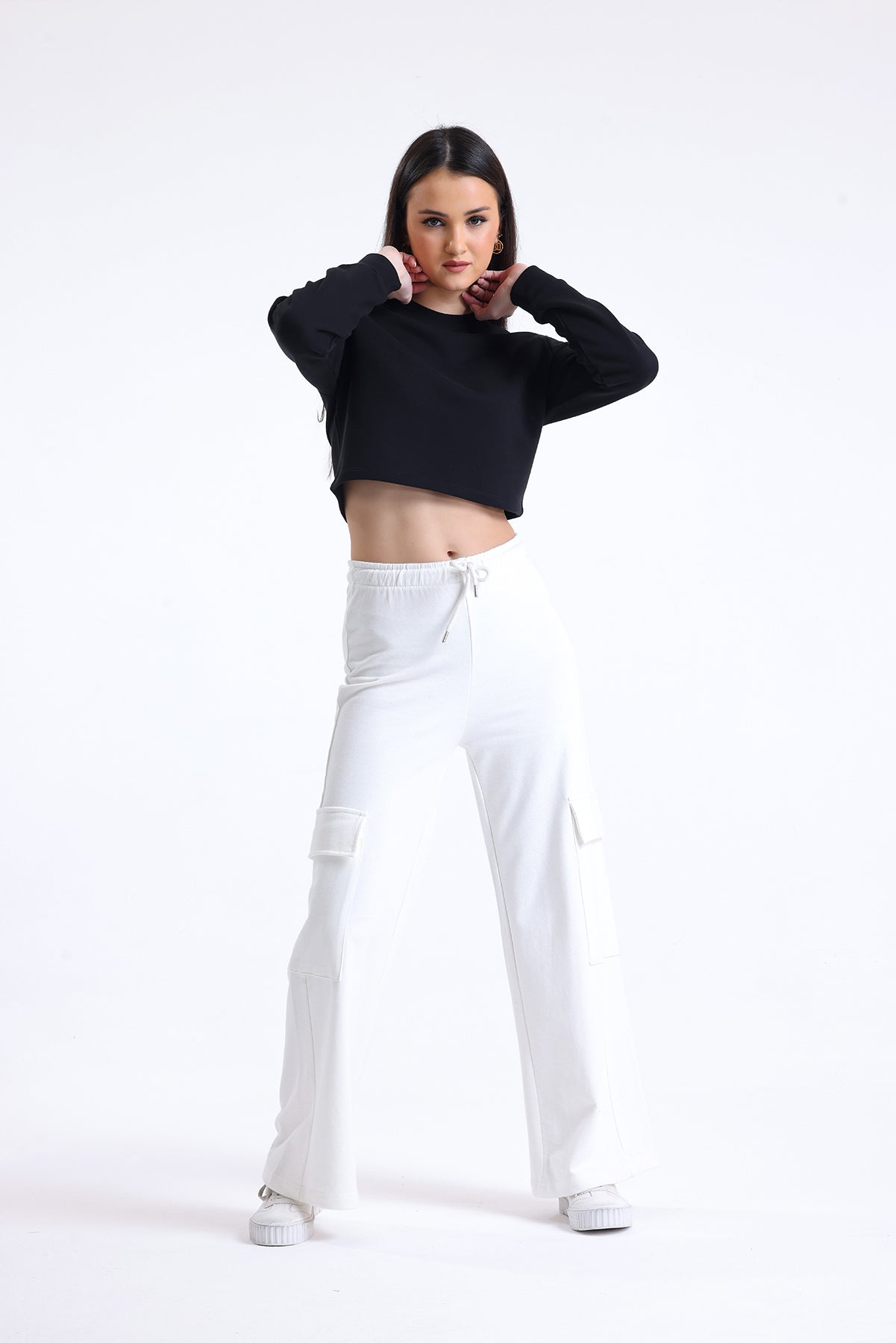 Ekru Yüksek Bel Yandan Cepli Geniş Paça Pamuklu Eşofman Altı