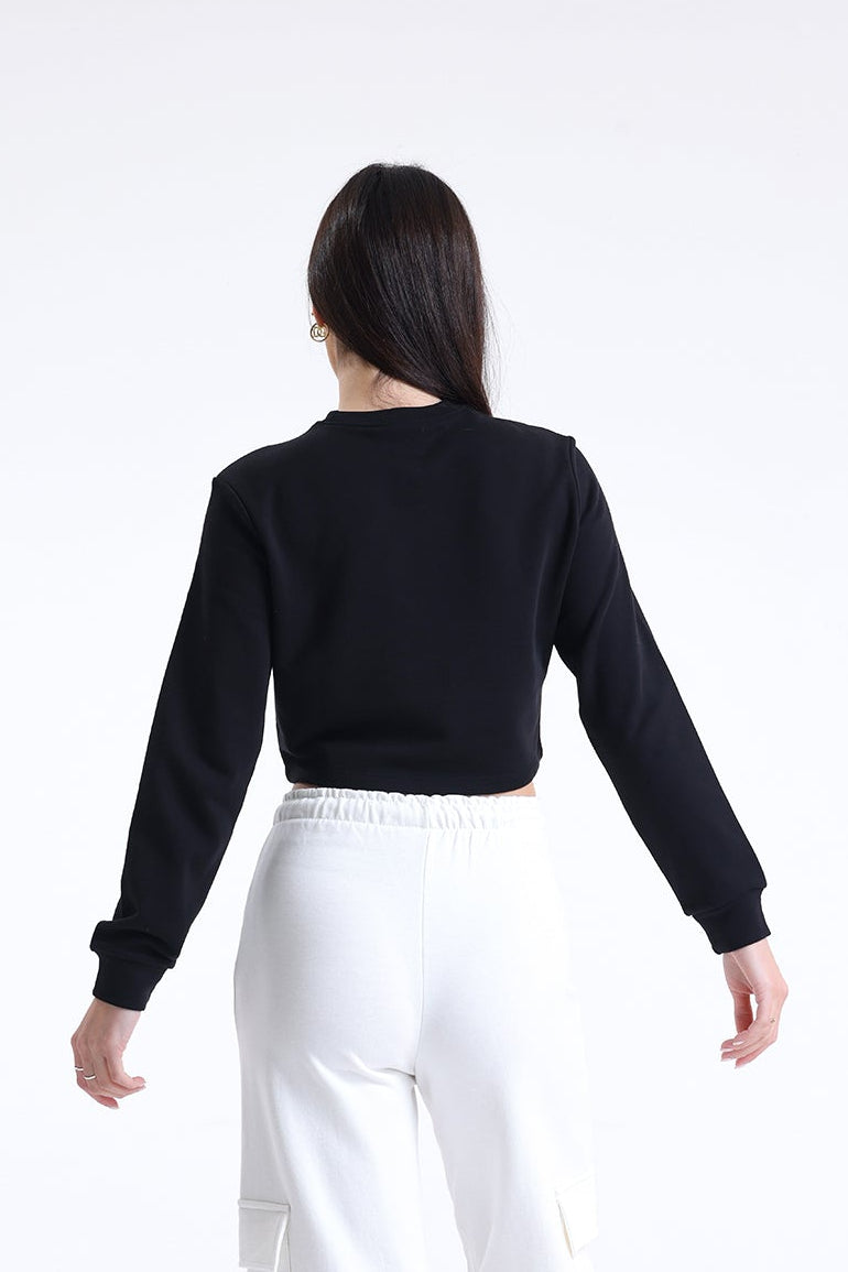 Siyah Bisiklet Yaka Crop Sweatshirt