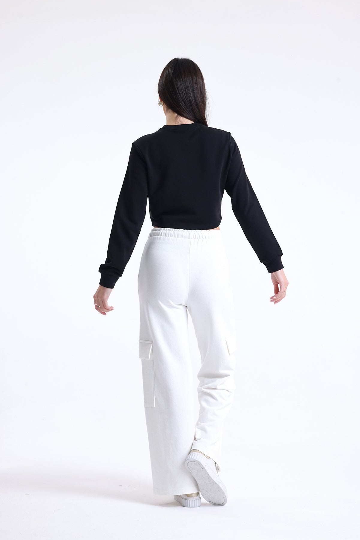 Ekru Yüksek Bel Yandan Cepli Geniş Paça Pamuklu Eşofman Altı