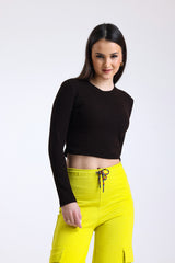 Kahverengi Fitilli Kaşkorse Bisiklet Yaka Uzun Kollu Crop Tişört