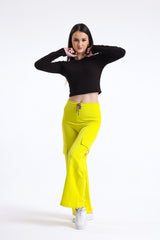 Limon Sarısı Yüksek Bel Yandan Cepli Geniş Paça Pamuklu Eşofman Altı