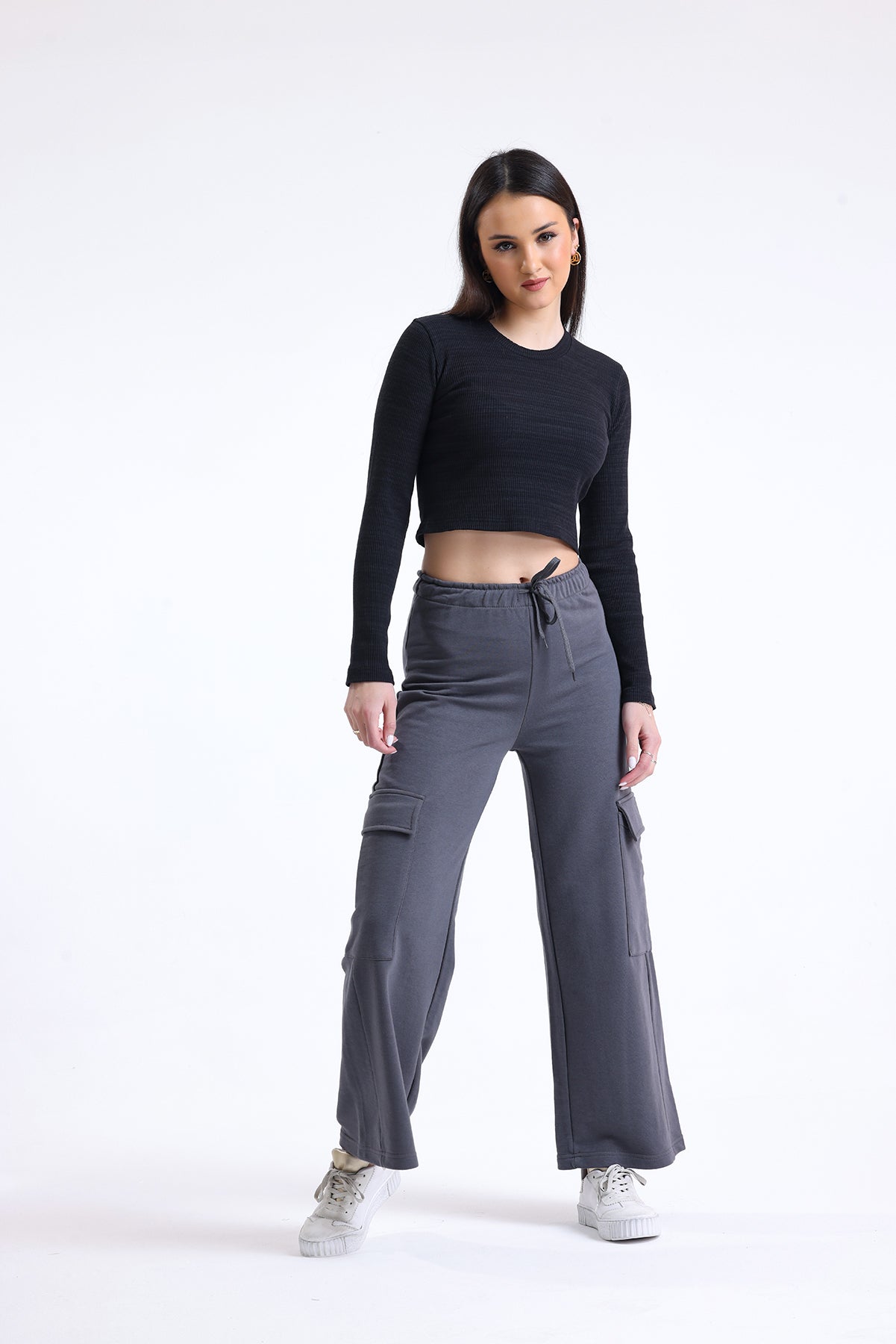 Antrasit Yüksek Bel Yandan Cepli Geniş Paça Pamuklu Eşofman Altı