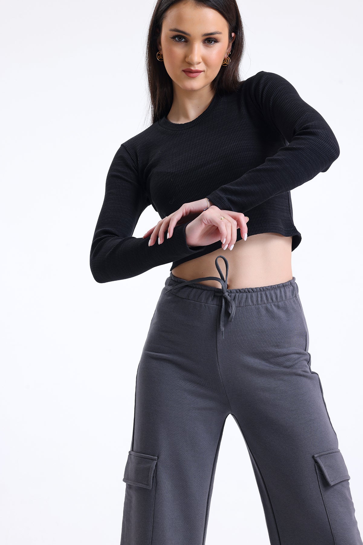 Antrasit Yüksek Bel Yandan Cepli Geniş Paça Pamuklu Eşofman Altı