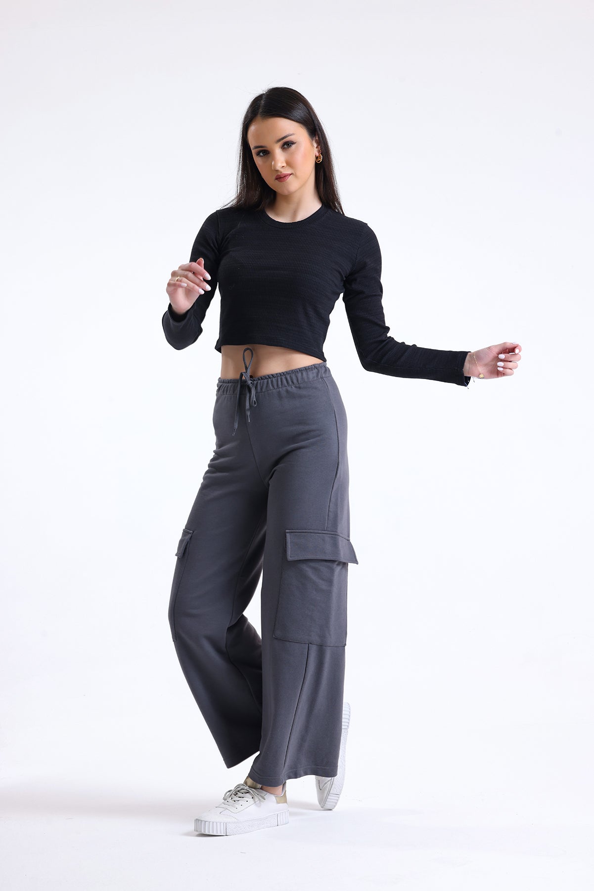 Siyah Fitilli Kaşkorse Bisiklet Yaka Uzun Kollu Crop Tişört