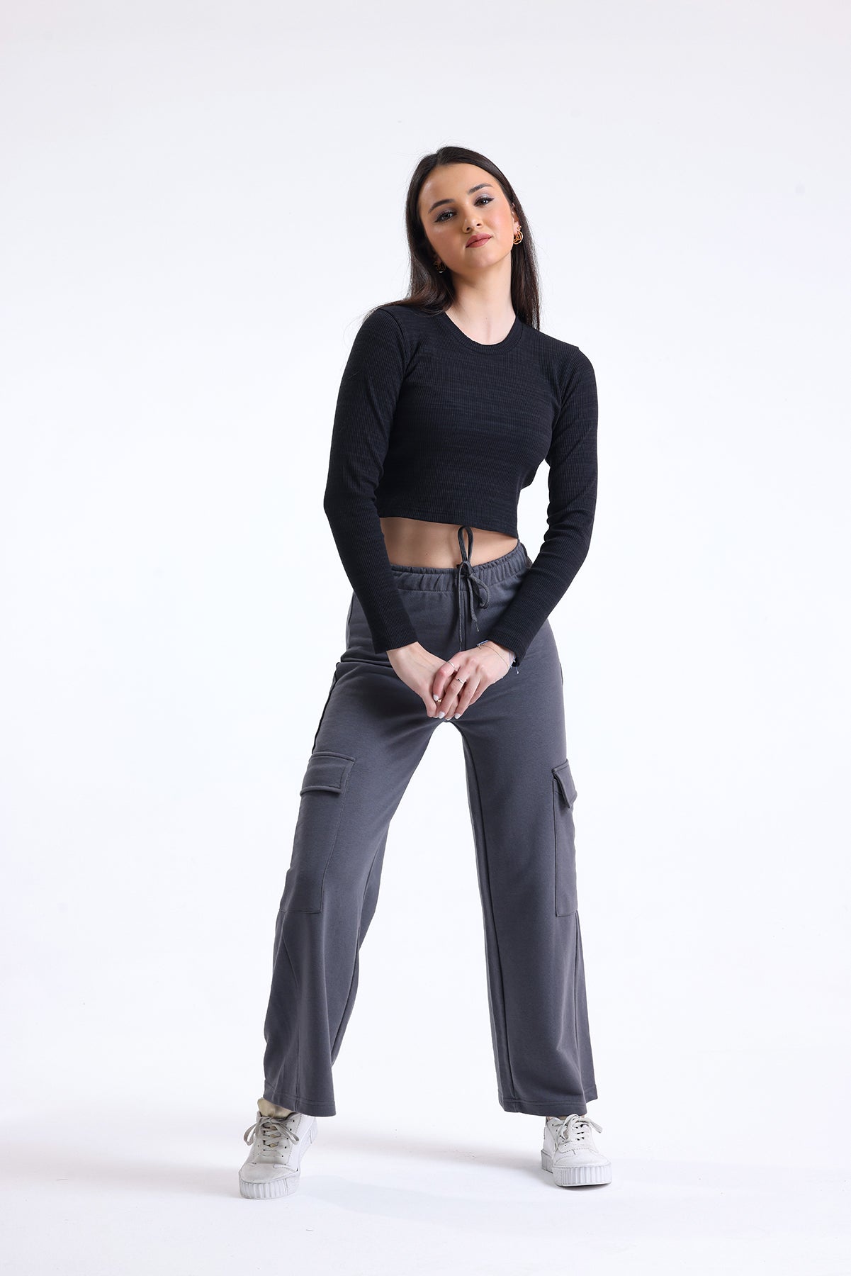 Antrasit Yüksek Bel Yandan Cepli Geniş Paça Pamuklu Eşofman Altı