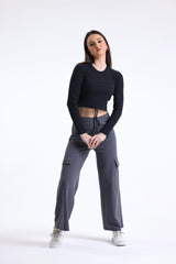 Antrasit Yüksek Bel Yandan Cepli Geniş Paça Pamuklu Eşofman Altı