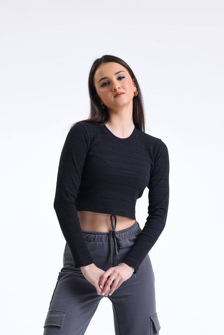 Siyah Fitilli Kaşkorse Bisiklet Yaka Uzun Kollu Crop Tişört