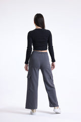 Antrasit Yüksek Bel Yandan Cepli Geniş Paça Pamuklu Eşofman Altı