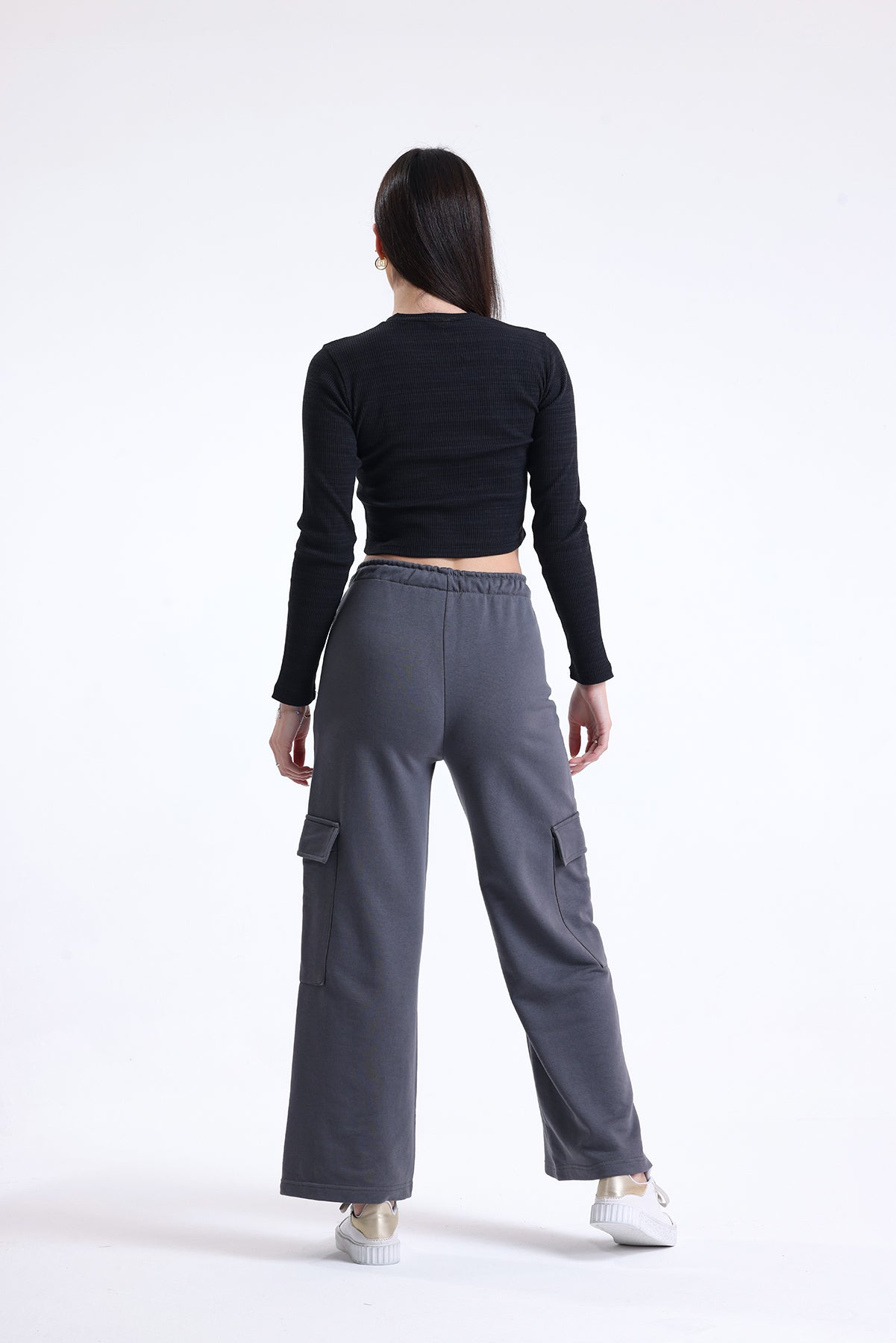 Antrasit Yüksek Bel Yandan Cepli Geniş Paça Pamuklu Eşofman Altı