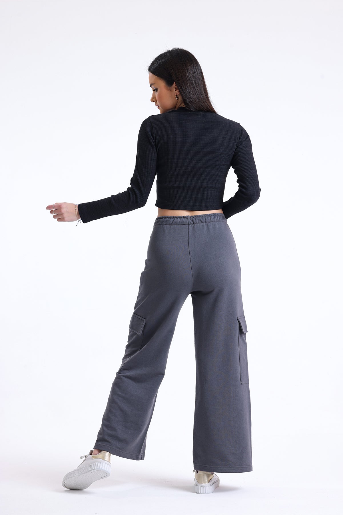 Siyah Fitilli Kaşkorse Bisiklet Yaka Uzun Kollu Crop Tişört