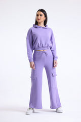 Lila Yüksek Bel Yandan Cepli Geniş Paça Pamuklu Eşofman Altı