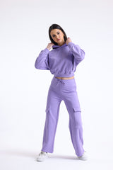 Lila Yüksek Bel Yandan Cepli Geniş Paça Pamuklu Eşofman Altı