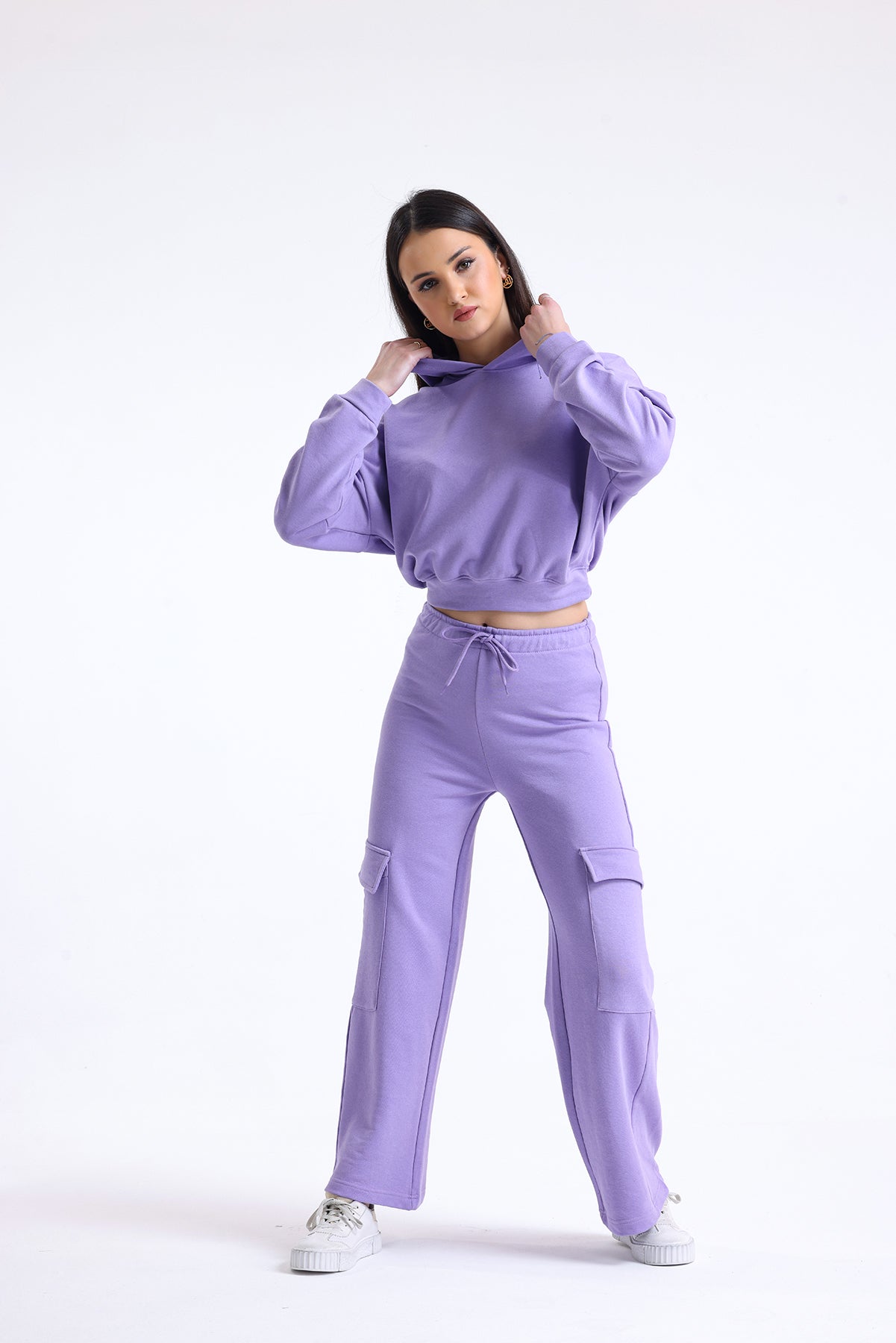 Lila Yüksek Bel Yandan Cepli Geniş Paça Pamuklu Eşofman Altı