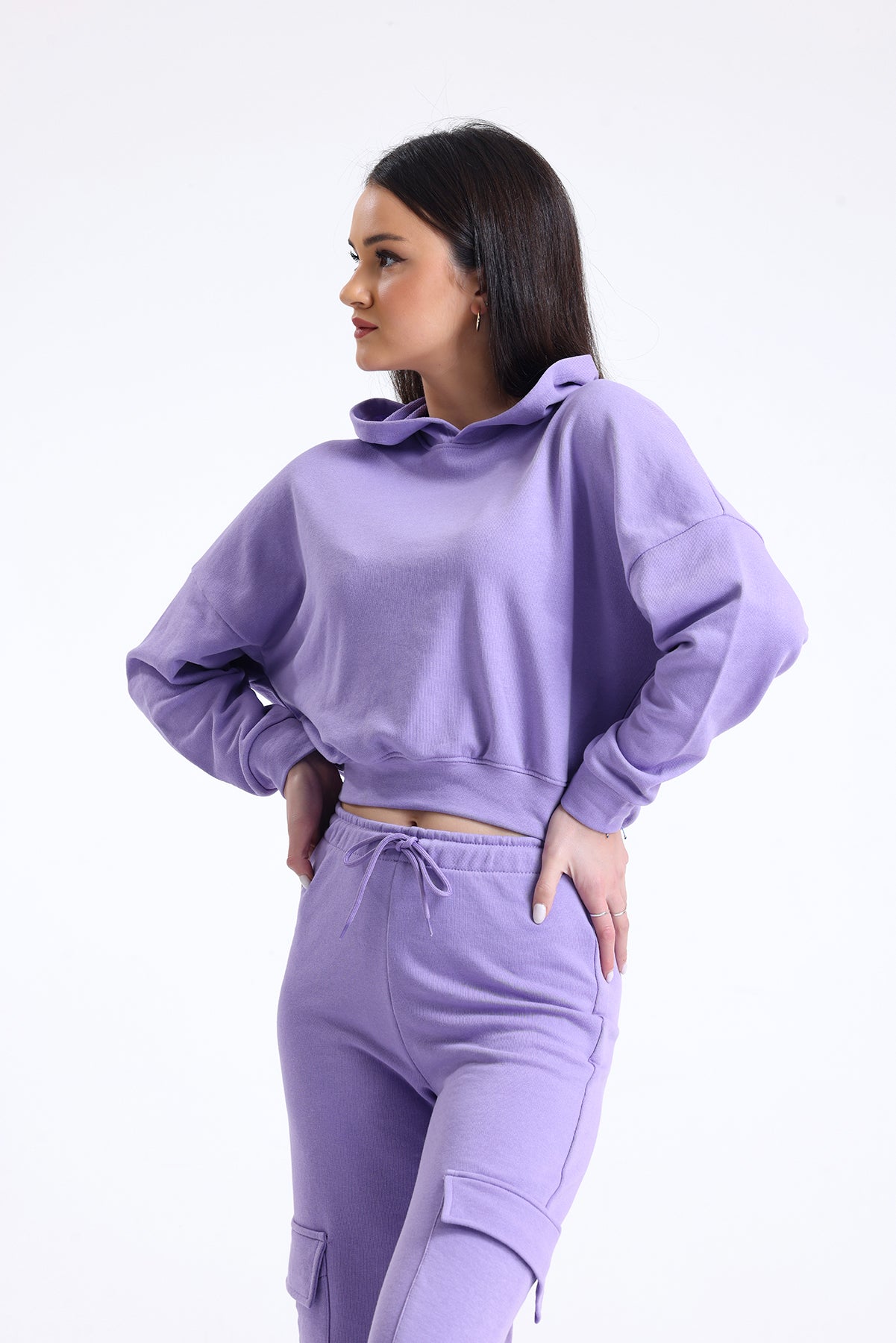 Lila Yüksek Bel Yandan Cepli Geniş Paça Pamuklu Eşofman Altı