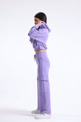 Lila Yüksek Bel Yandan Cepli Geniş Paça Pamuklu Eşofman Altı