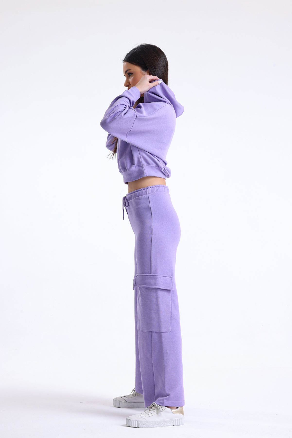 Lila Yüksek Bel Yandan Cepli Geniş Paça Pamuklu Eşofman Altı