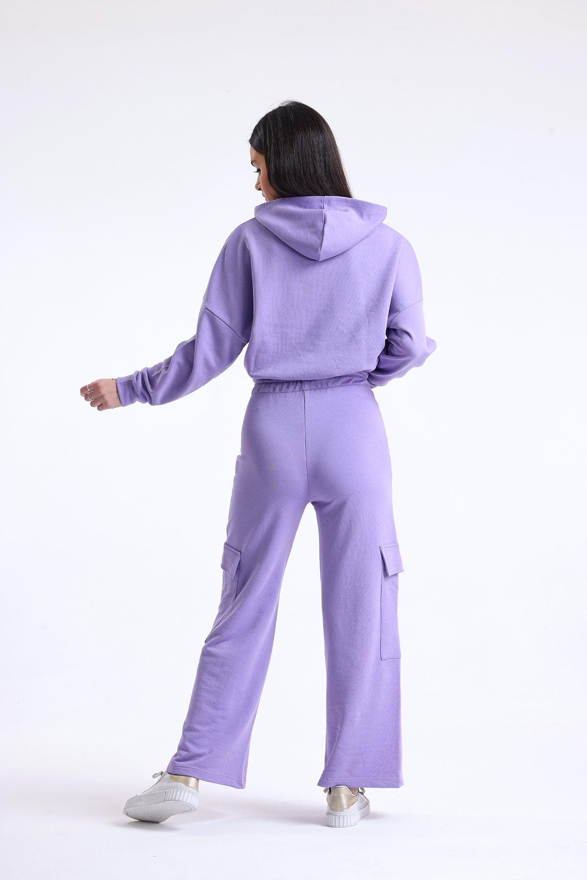 Lila Yüksek Bel Yandan Cepli Geniş Paça Pamuklu Eşofman Altı