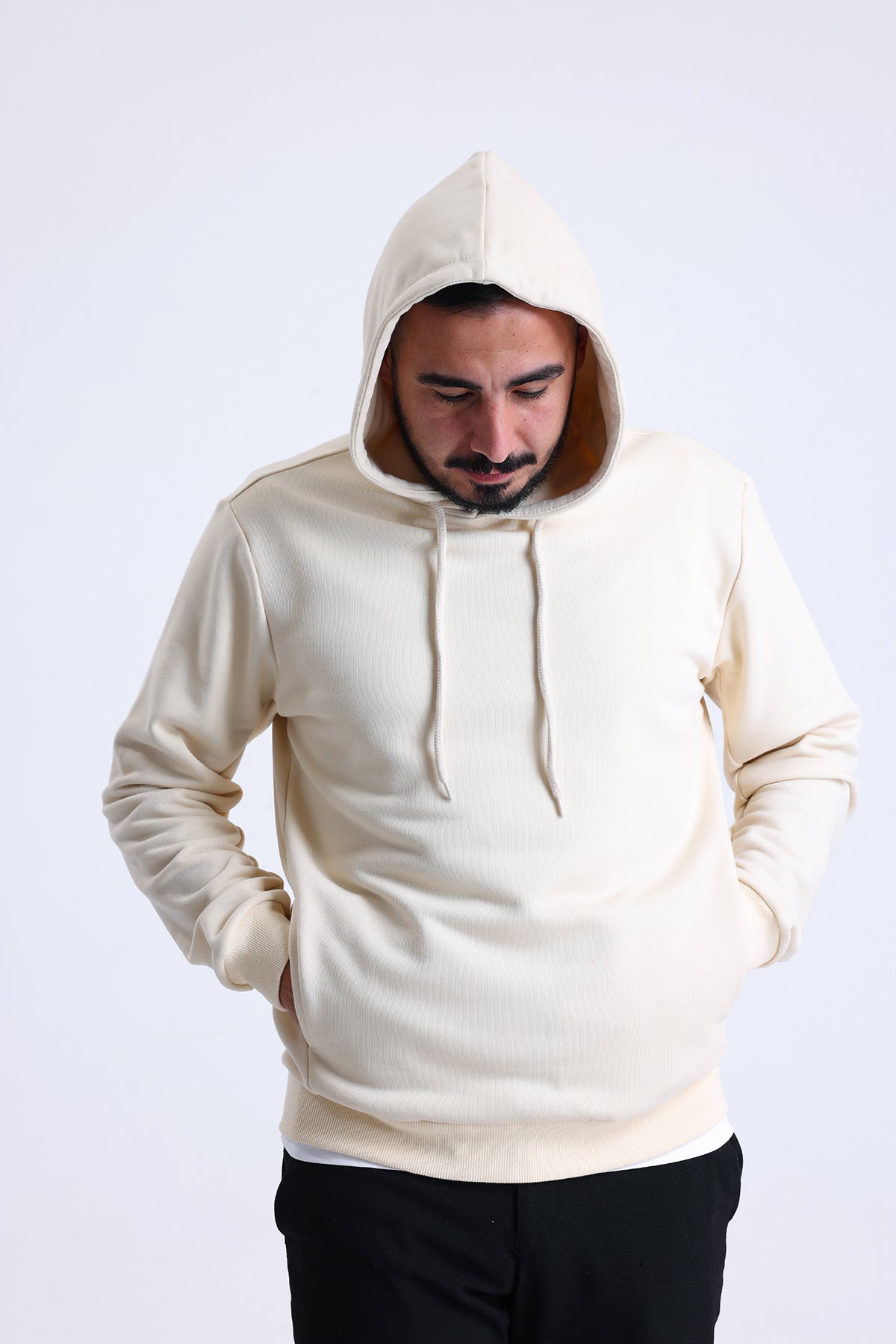 Ekru Yandan Cepli Kapüşonlu Sweatshirt