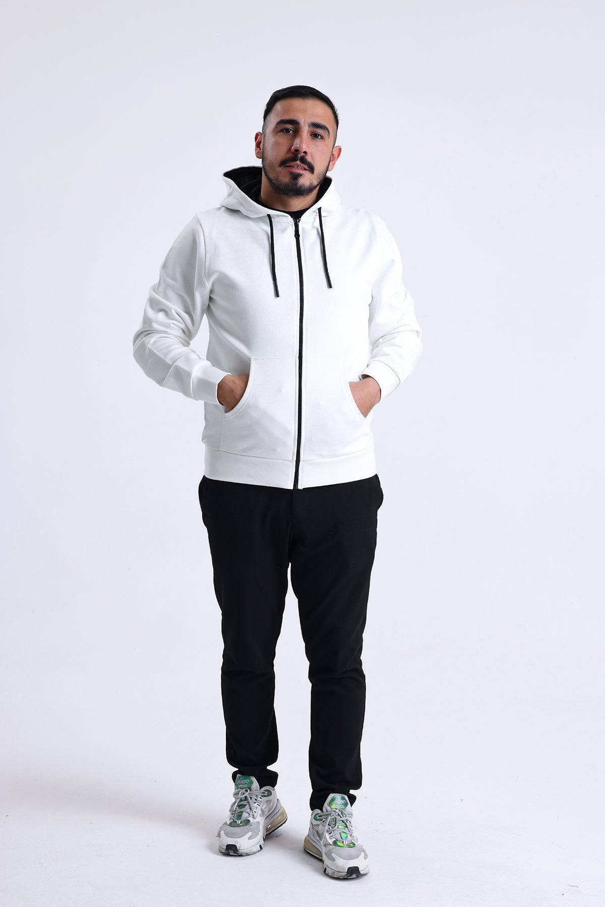 Ekru Kapüşonlu Pamuklu Fermuarlı Hırka