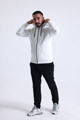 Ekru Kapüşonlu Pamuklu Fermuarlı Hırka