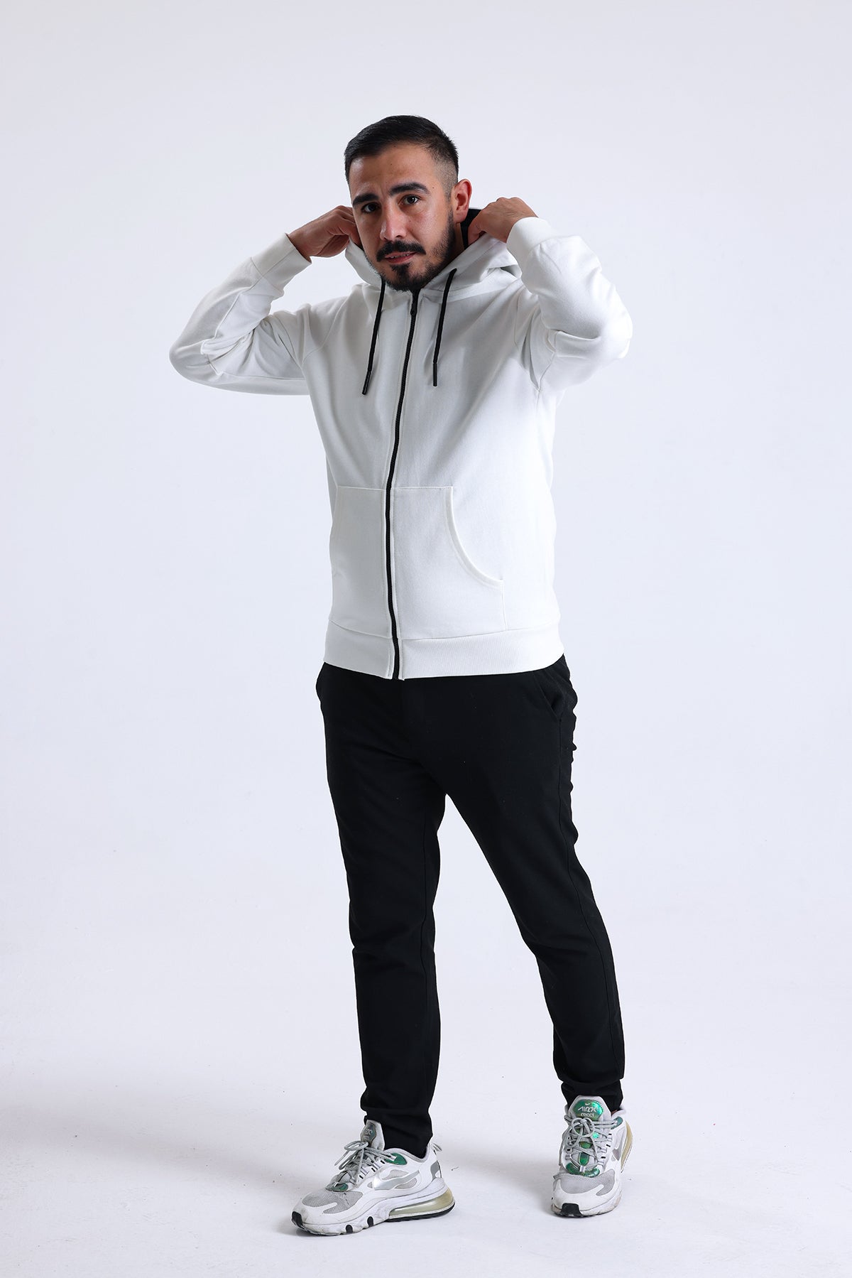 Ekru Kapüşonlu Pamuklu Fermuarlı Hırka