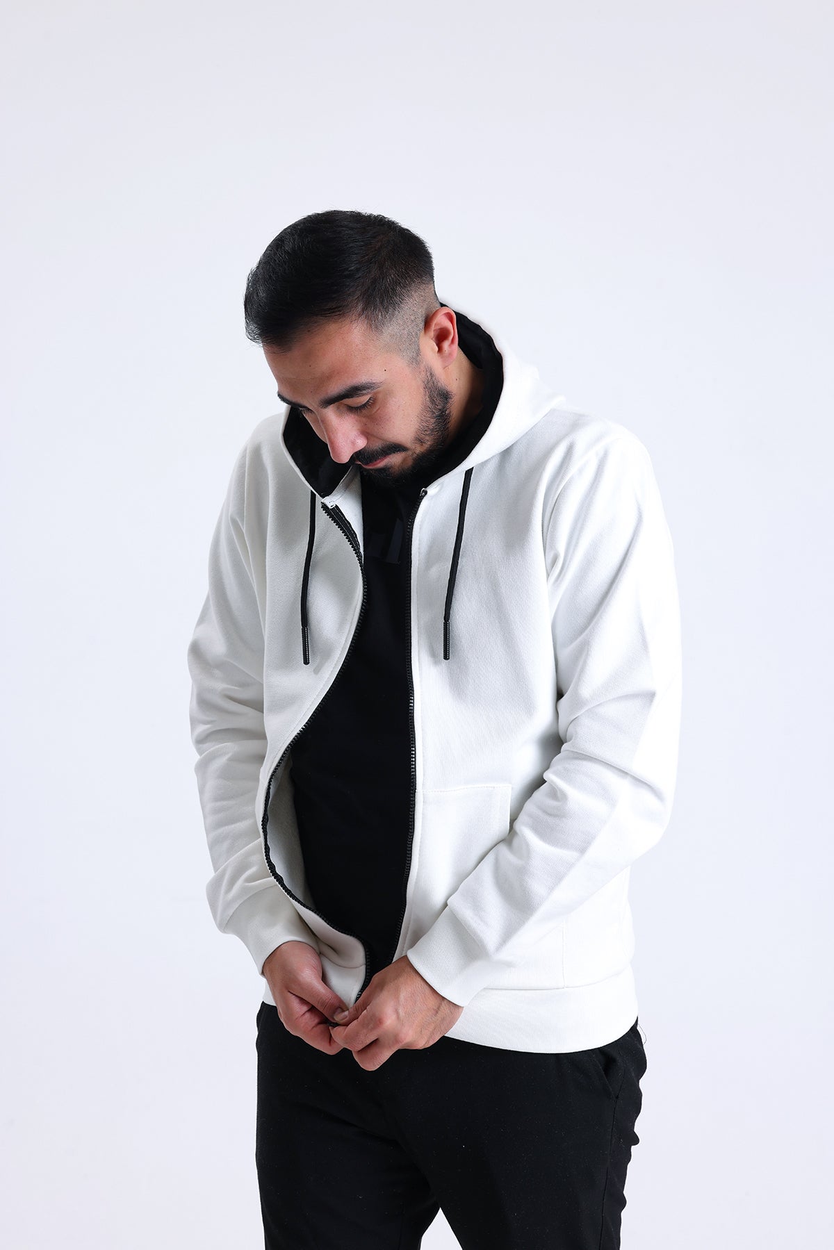 Ekru Kapüşonlu Pamuklu Fermuarlı Hırka