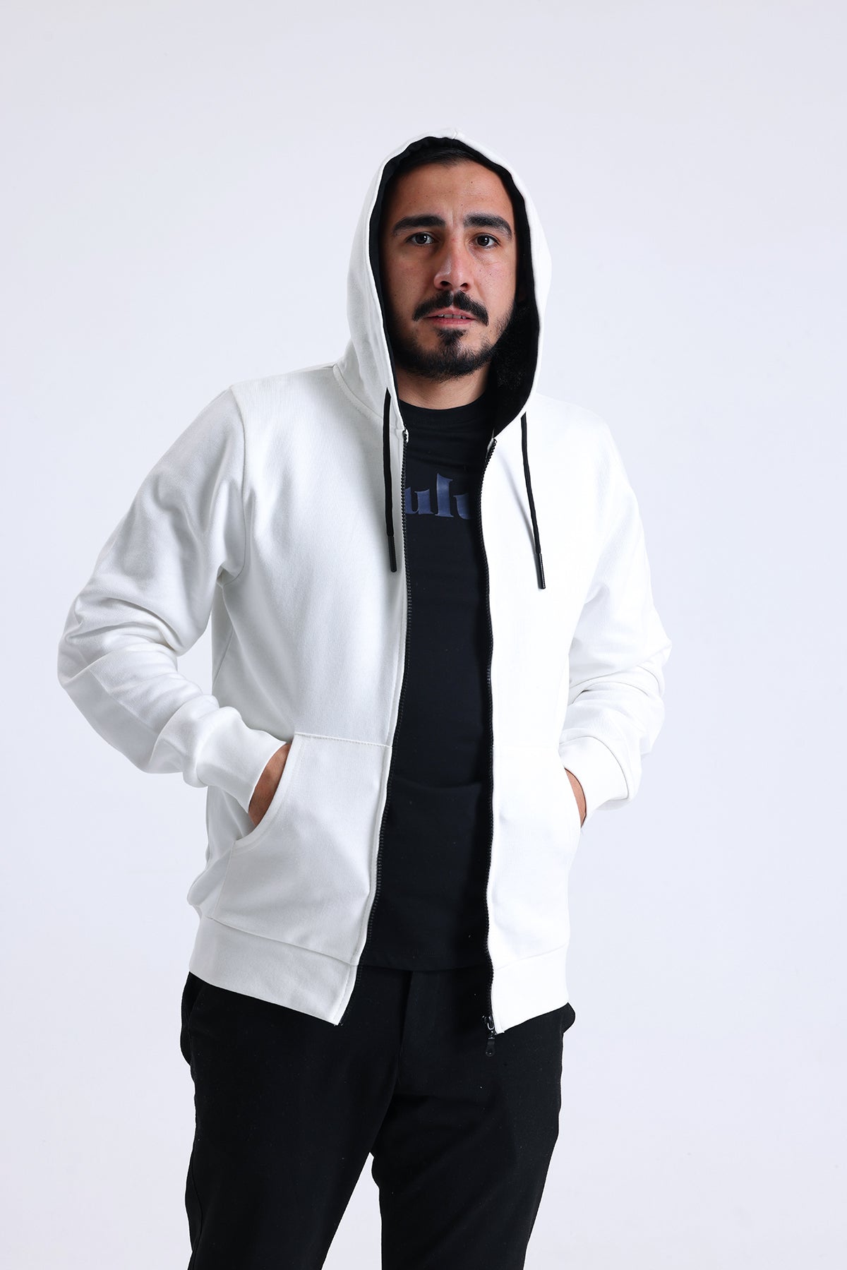 Ekru Kapüşonlu Pamuklu Fermuarlı Hırka