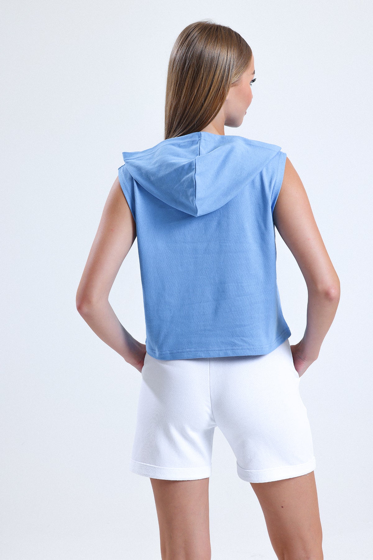 Mavi Kolsuz Kapüşonlu Crop Sporcu Atlet Tişört