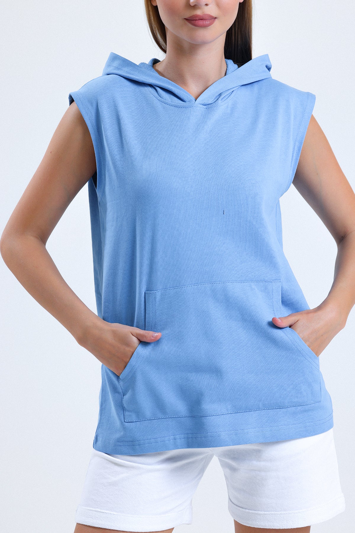 Mavi Kolsuz Kapüşonlu Sporcu Atlet Tişört