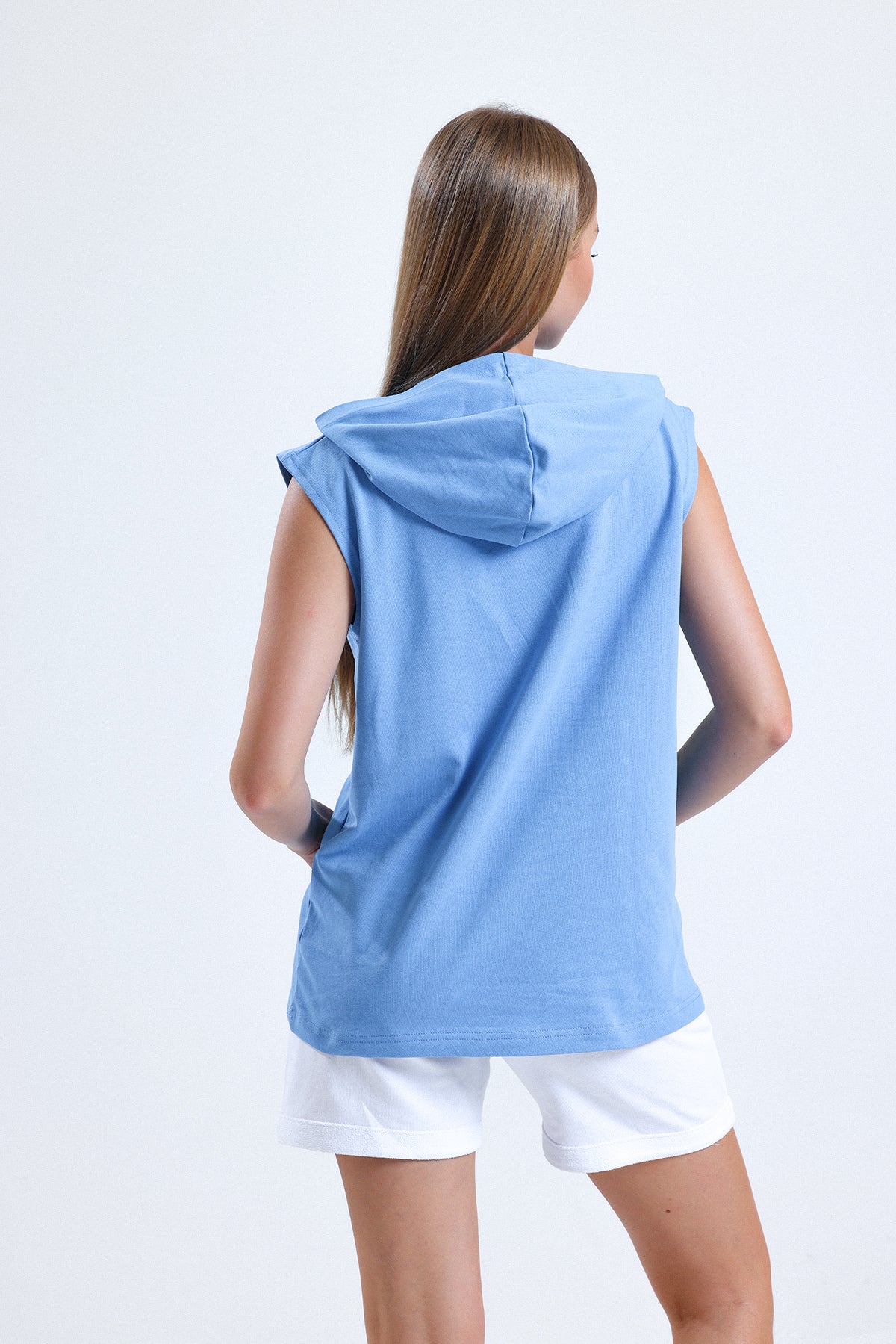 Mavi Kolsuz Kapüşonlu Sporcu Atlet Tişört