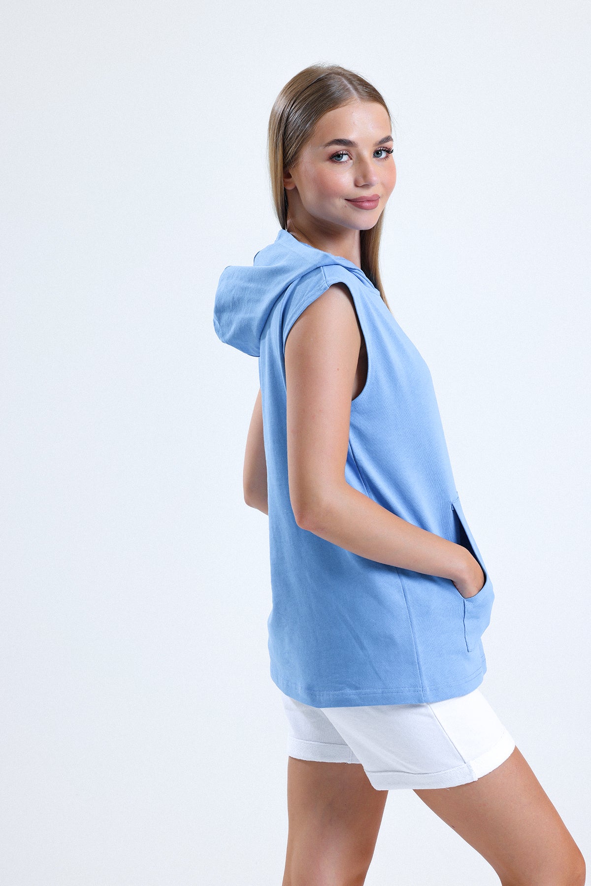 Mavi Kolsuz Kapüşonlu Sporcu Atlet Tişört