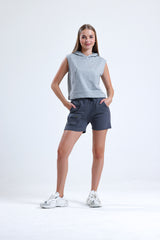 Gri Melanj Kolsuz Kapüşonlu Crop Sporcu Atlet Tişört