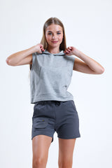 Gri Melanj Kolsuz Kapüşonlu Crop Sporcu Atlet Tişört