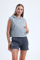 Gri Melanj Kolsuz Kapüşonlu Crop Sporcu Atlet Tişört