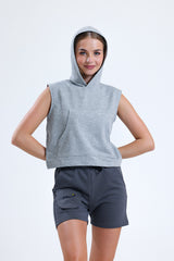 Gri Melanj Kolsuz Kapüşonlu Crop Sporcu Atlet Tişört