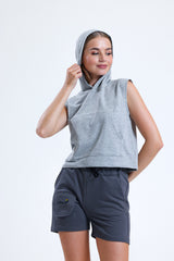 Gri Melanj Kolsuz Kapüşonlu Crop Sporcu Atlet Tişört