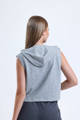 Gri Melanj Kolsuz Kapüşonlu Crop Sporcu Atlet Tişört