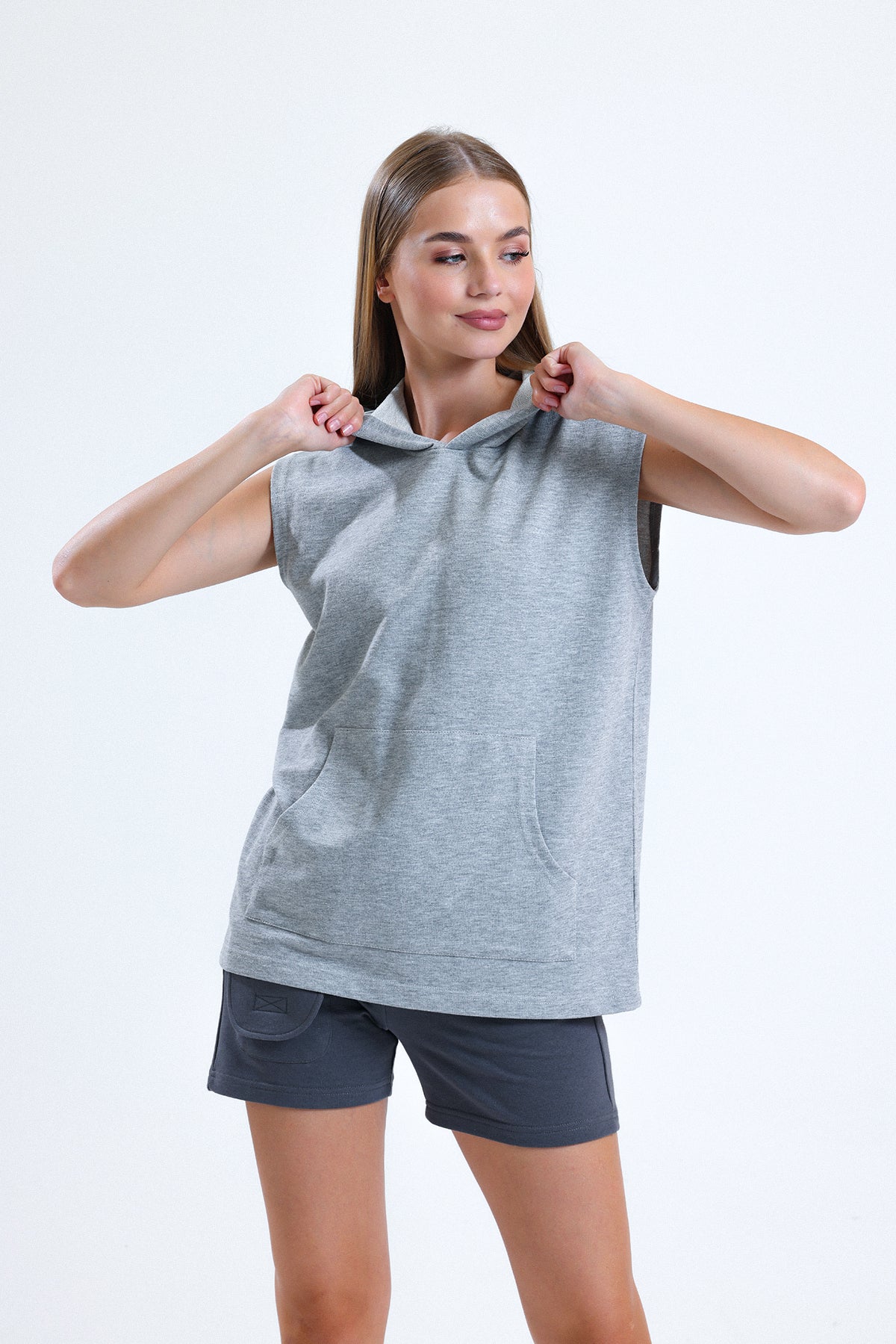 Gri Melanj Kolsuz Kapüşonlu Sporcu Atlet Tişört