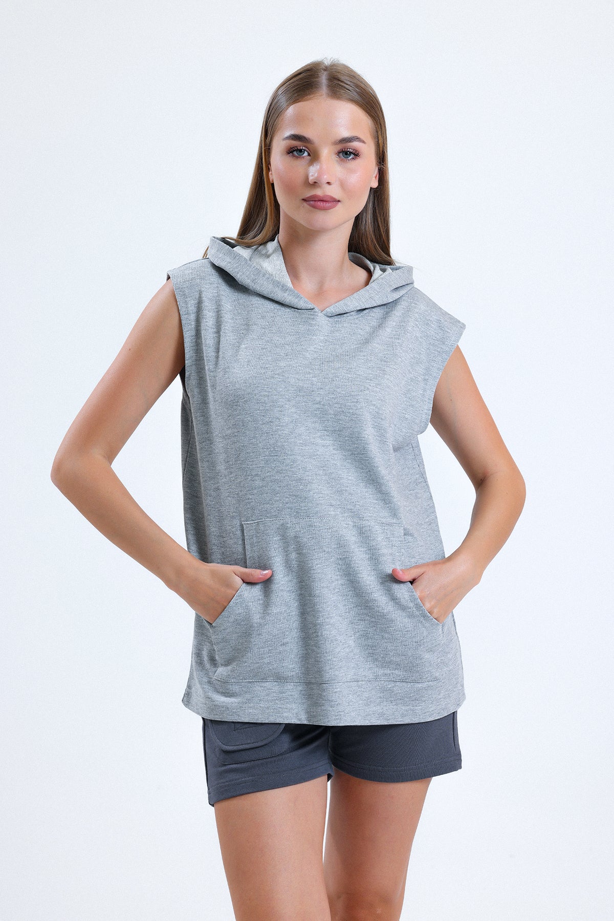 Gri Melanj Kolsuz Kapüşonlu Sporcu Atlet Tişört