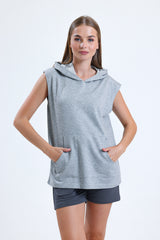 Gri Melanj Kolsuz Kapüşonlu Sporcu Atlet Tişört