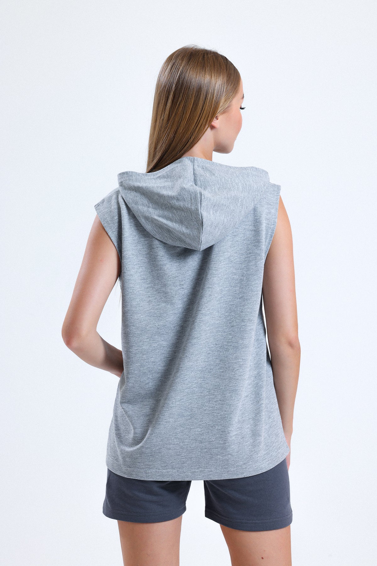 Gri Melanj Kolsuz Kapüşonlu Sporcu Atlet Tişört