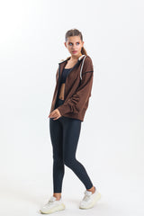 Kahverengi Kapüşonlu %100 Pamuklu Fermuarlı Oversize Hırka